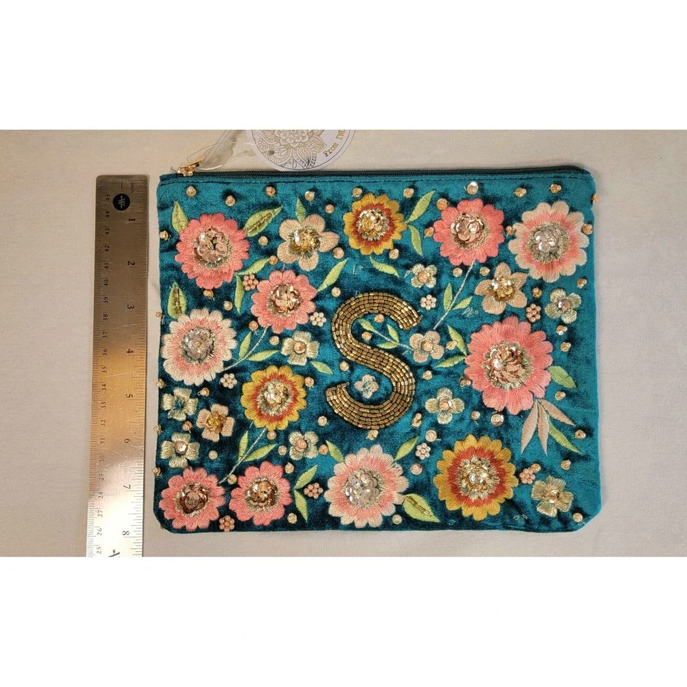 From India To You Teal Velvet Floral Embroidered Beaded Initial S Pouch Bag NEW